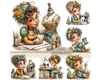 Sewing Girl Clipart, Seamstress JPG Digital Illustration for Junk Journal, Stickers, Scrapbooks