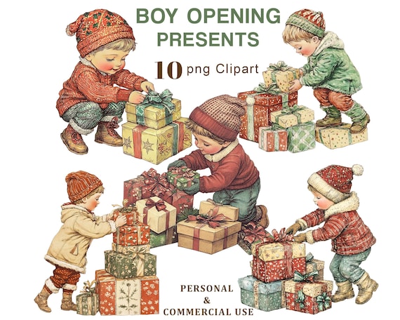 Clipart de niño abriendo regalos de Navidad, Clipart PNG de niño