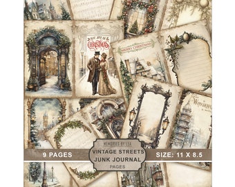 Vintage Christmas Street Junk Journal Pages, Printable Ephemera (Digital Download)