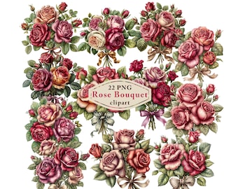 Rose Bouquet Clipart, Antique Botanical Floral PNG Illustration for Junk Journals, Card Making, Scrapbooks