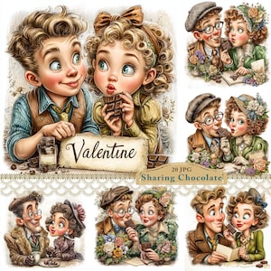 May include: A set of digital illustrations depicting couples sharing chocolate, with a vintage style. The images use soft colours and detailed character designs. The word "Valentine" is displayed on a banner in one image.