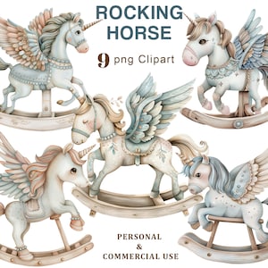 Boho Rocking Horse Clipart, Vintage Baby Toy PNG Clipart, Blue Fantasy Horse, Baby Shower, Newborn, Graphics, Scrapbooking, Digital Download