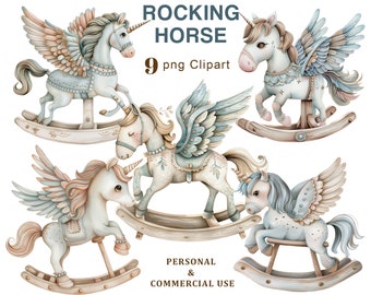 Boho Rocking Horse Clipart, Vintage Baby Toy PNG Clipart, Caballo de fantasía azul, Baby Shower, Recién nacido, Gráficos, Scrapbooking, Descarga digital