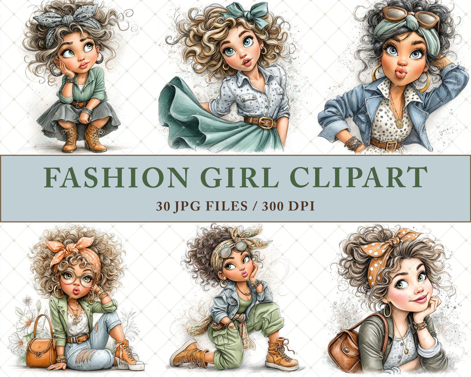 Stylish Fashion Girl Clipart, Chic Feminine Digital JPG Illustration ...
