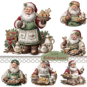 Könnte beinhalten: Digitale Illustrationen von Weihnachtsmann beim Backen und Halten von Keksen. Der Weihnachtsmann trägt einen roten Hut und Mantel, eine grüne Schürze und hält ein Tablett mit Keksen. Das Bild enthält den Text "Baking Santa".