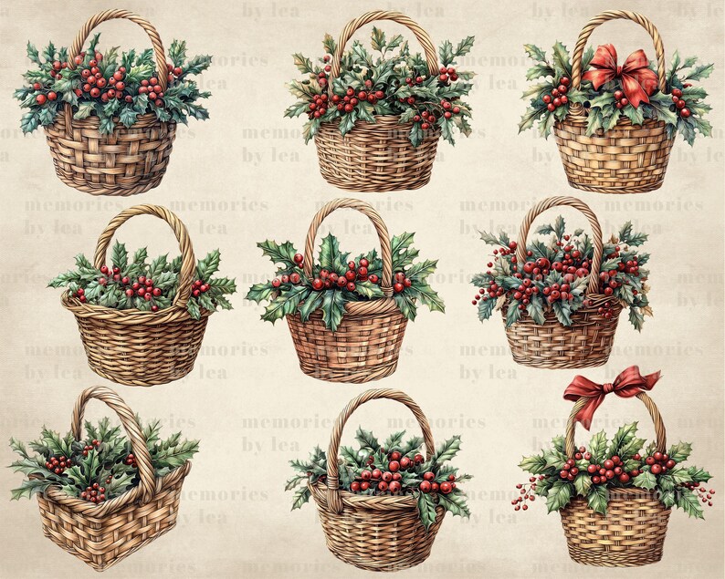 Christmas Holly Basket Clipart, Vintage Holly With Berries PNG Clipart ...