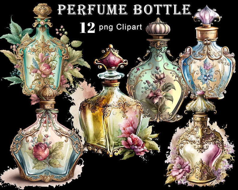 Akvarell parfymflaskor Clipart, Shabby Chic PNG (digital nedladdning) bild 3