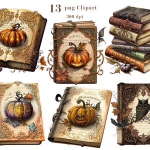 K&ouml;nnte beinhalten: Dreizehn digitale Illustrationen von Vintage-B&uuml;chern mit Halloween-Motiven. Jedes Buch zeigt verzierte goldene und braune Designs, einige mit K&uuml;rbissen, Eulen und Bl&auml;ttern. Die B&uuml;cher sind perfekt f&uuml;r Bastelprojekte, Scrapbooking oder digitales Design.