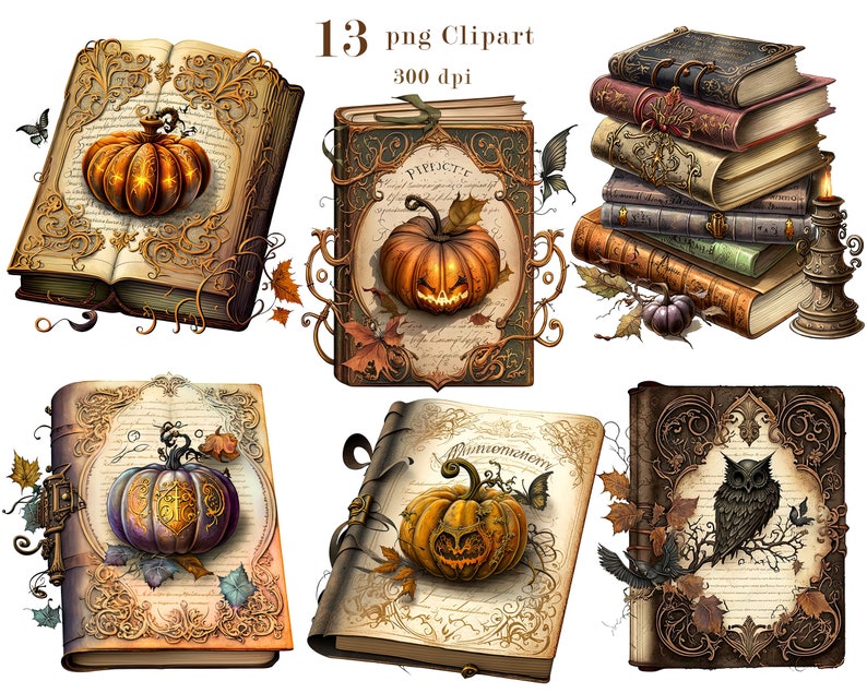 K&ouml;nnte beinhalten: Dreizehn digitale Illustrationen von Vintage-B&uuml;chern mit Halloween-Motiven. Jedes Buch zeigt verzierte goldene und braune Designs, einige mit K&uuml;rbissen, Eulen und Bl&auml;ttern. Die B&uuml;cher sind perfekt f&uuml;r Bastelprojekte, Scrapbooking oder digitales Design.