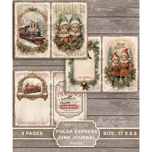 May include: Nine pages of vintage-style printable paper for junk journaling. The pages feature images of a train, children in elf costumes, and a Christmas-themed train depot. The pages are 11 inches by 8.5 inches.