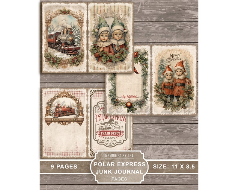 May include: Nine pages of vintage-style printable paper for junk journaling. The pages feature images of a train, children in elf costumes, and a Christmas-themed train depot. The pages are 11 inches by 8.5 inches.