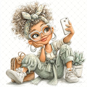 May include: Illustration of a young person with curly hair, wearing glasses, a headband, and overalls, taking a selfie with a smartphone. A brown satchel, white trainers, and a potted succulent are also visible. The artwork has a soft, watercolor style.