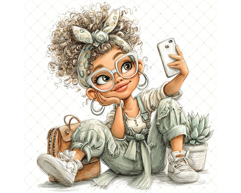 May include: Illustration of a young person with curly hair, wearing glasses, a headband, and overalls, taking a selfie with a smartphone. A brown satchel, white trainers, and a potted succulent are also visible. The artwork has a soft, watercolor style.