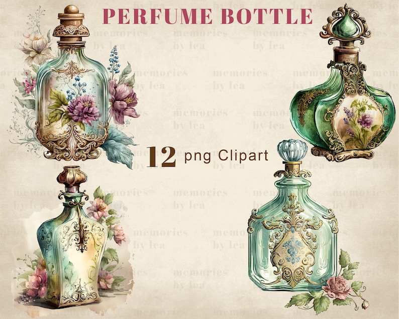 Akvarell parfymflaskor Clipart, Shabby Chic PNG (digital nedladdning) bild 5