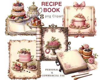 Vintage Recipe Book Clipart, Baking, Cooking, Cookbook PNG Clipart, Graphics for Junk Journal, Scrapbooking, Ephemera, Digital Download