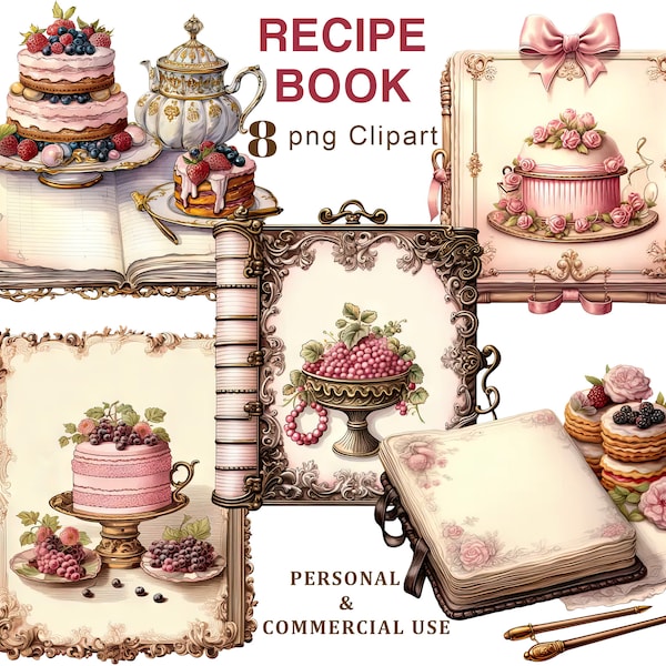 Vintage Recipe Book Clipart, Baking, Cooking, Cookbook PNG Clipart, Graphics for Junk Journal, Scrapbooking, Ephemera, Digital Download