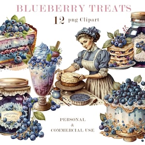 Blueberry Treats Watercolor Clipart, desserts, digital png graphics, pie, cake, blueberry jam, ice cream, Clipart Set, Commercial use