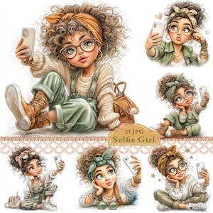 Puede incluir: Una colección de ilustraciones digitales que muestran a una chica haciéndose selfies. La chica tiene el pelo castaño rizado, gafas y lleva varios conjuntos, incluyendo monos, suéteres y botas. Las ilustraciones tienen un estilo de dibujos animados con colores suaves y el texto "25 JPG Selfie Girl".