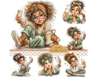 Selfie Girl Clipart, Trendy Teen JPG Digital Illustration for Junk Journal, Card Making