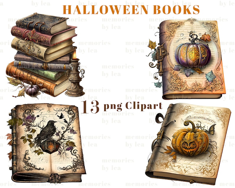 Halloween Bücher Aquarell Clipart, Kürbis Zauberbücher, PNG Clip Art Set, Halloween Grafiken, Papierhandwerk, Junk Journal, kommerzielle Nutzung Bild 5