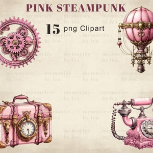 May include: A set of 15 pink steampunk clipart images. The images include a hot air balloon, a vintage suitcase, a set of gears, and a rotary phone. All of the images are in a pink and gold color scheme.