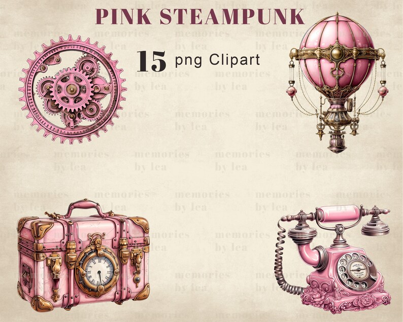 May include: A set of 15 pink steampunk clipart images. The images include a hot air balloon, a vintage suitcase, a set of gears, and a rotary phone. All of the images are in a pink and gold color scheme.