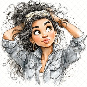 May include: A digital illustration of a young woman with long, dark, curly hair, wearing a light grey denim jacket and a cream-coloured headband. She has brown eyes, gold hoop earrings, and a brown leather watch. The artwork has a sketched style.