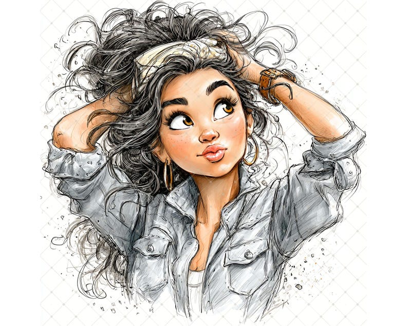 May include: A digital illustration of a young woman with long, dark, curly hair, wearing a light grey denim jacket and a cream-coloured headband. She has brown eyes, gold hoop earrings, and a brown leather watch. The artwork has a sketched style.