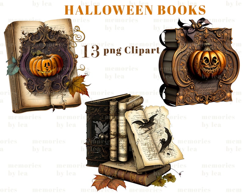 Halloween Bücher Aquarell Clipart, Kürbis Zauberbücher, PNG Clip Art Set, Halloween Grafiken, Papierhandwerk, Junk Journal, kommerzielle Nutzung Bild 7