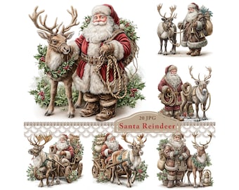 May include: A collection of digital illustrations featuring Santa Claus with reindeer. Santa is depicted in a red suit, often with a sack of gifts and a rope. The reindeer are adorned with wreaths. The text "20 JPG Santa Reindeer" is visible.