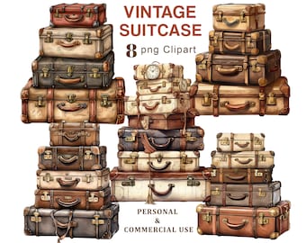 Vintage Suitcases Clipart, Vintage travel Bags PNG Clipart, Vacation Graphics, Junk Journal, Scrapbooking, Ephemera, Digital Download