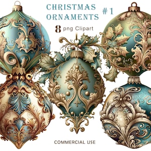 Viktorianische Weihnachtsverzierung, blaue Weihnachtskugel-Clipart, Grafik für Scrapbook, Junk Journal, PNG Art für Sublimation, kommerzielle Nutzung