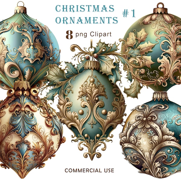 Ornement de Noël victorien, Blue Christmas Bauble Clipart, Graphic for Scrapbook, Junk Journal, PNG Art for Sublimation, Commercial use