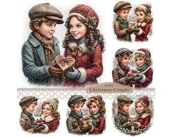 Christmas Couple Gift Clipart, Romantic Holiday JPG Illustrations, Digital Download