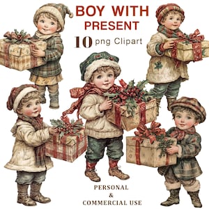 Boy With Christmas Present Clipart, Christmas Gift Boy PNG Clipart, Holidays, Christmas Kids, Junk Journal, Scrapbooking, Digital Download