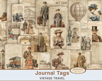 May include: Vintage travel themed journal tags featuring images of suitcases, hot air balloons, cameras, and people. The tags include text such as "Remember When", "Best Moments", "Travel Memories", "Dream Out Loud", "Memories Story", "World Traveller", and "Adventure Awaits".