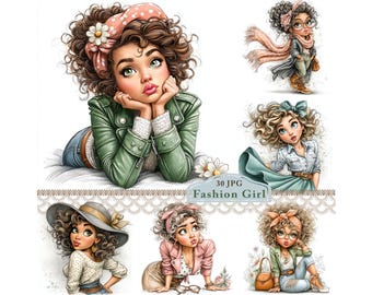 Stylish Fashion Girl Clipart, Chic Feminine Digital JPG Illustration for Card Making, Journals, Scrapbooks