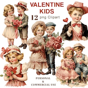 Vintage Valentine Kids Clipart, Heart, Rose, Love Valentine PNG Clip Art, Graphics for Scrapbooking, Junk Journal, Ephemera, Sublimation