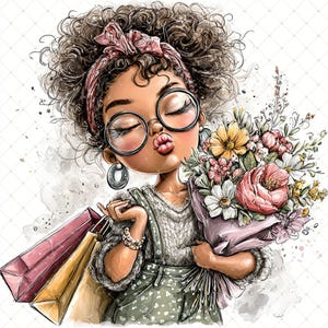 May include: A watercolour illustration of a girl with curly hair, wearing glasses, a headband, and a sweater. She holds shopping bags and a bouquet of flowers, with a kissy face. The image has a soft, artistic style.