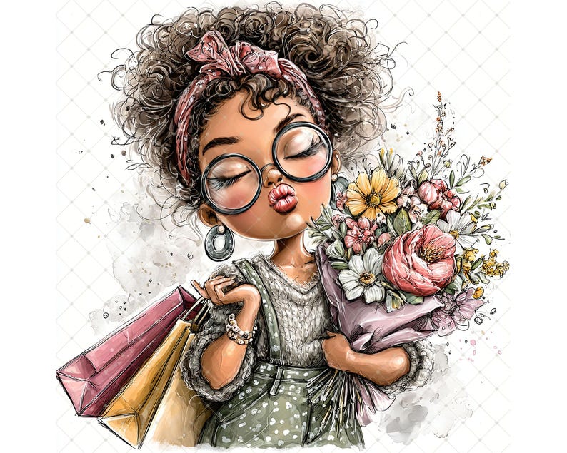 May include: A watercolour illustration of a girl with curly hair, wearing glasses, a headband, and a sweater. She holds shopping bags and a bouquet of flowers, with a kissy face. The image has a soft, artistic style.
