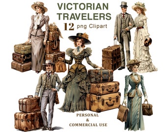 Victorian Travelers Clipart, Vintage Travel PNG Clipart, Vintage suitcase Graphics, Junk Journal, Scrapbooking, Ephemera, Digital Download