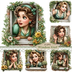 May include: A digital collage featuring six illustrations of a woman looking out of a window. Each image is framed with flowers and greenery. The woman is wearing a green outfit. The text "23 JPG Window Girl" is at the bottom.