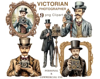 Victorian Photographer Clipart, Man with Camera PNG Clipart, Vintage Camera Graphics, Scrapbooking, Junk Journal, Ephemera, Digital Download