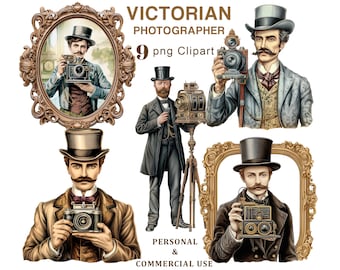 Peut inclure: Neuf illustrations numériques de photographes de l'époque victorienne. Chaque image représente un homme portant un chapeau haut de forme et un costume, tenant un appareil photo vintage. Certaines images incluent un trépied et un cadre orné.
