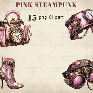 May include: A set of 15 pink steampunk clipart images. The images include a pink purse with gears and a clock face, a pink headband with gears and a clock face, a pink boot with gears and a clock face, and a pair of pink goggles with gears and a clock face.