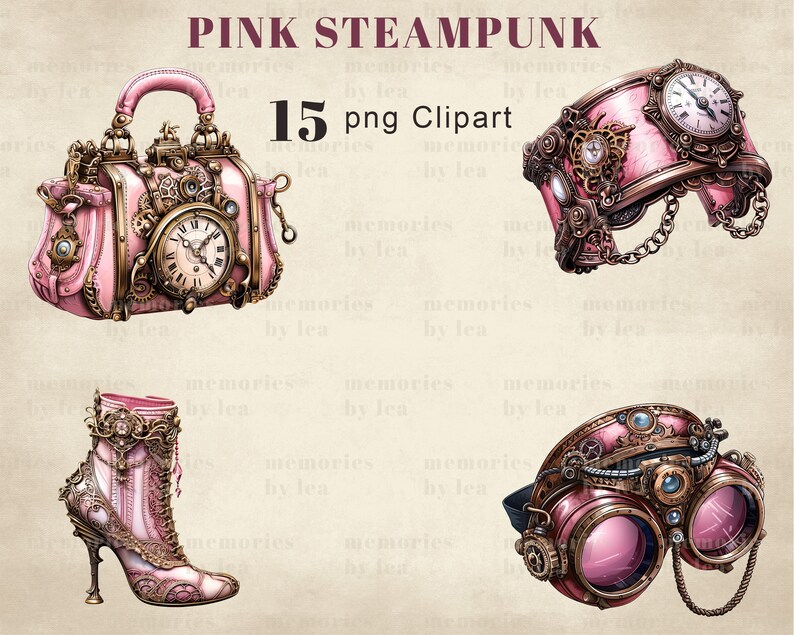 May include: A set of 15 pink steampunk clipart images. The images include a pink purse with gears and a clock face, a pink headband with gears and a clock face, a pink boot with gears and a clock face, and a pair of pink goggles with gears and a clock face.