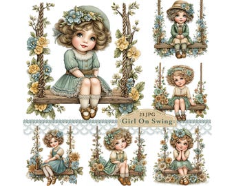 Girl On Swing Clipart, Spring Floral Digital JPG Illustration for Junk Journals, Cards, Scrapbooking