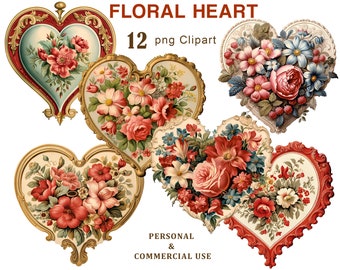 Vintage Floral Heart Clipart, Valentine's Day PNG, Love, Heart, Wedding Day, png Images, Sublimation, Ephemera, Junk Journal, Paper Crafting