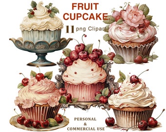 Fruit Cupcake Clipart, Sweets PNG Clipart, Desserts, Cake, Food, Baking, Graphics, Junk Journal, Scrapbooking, Card Making, Digital Download