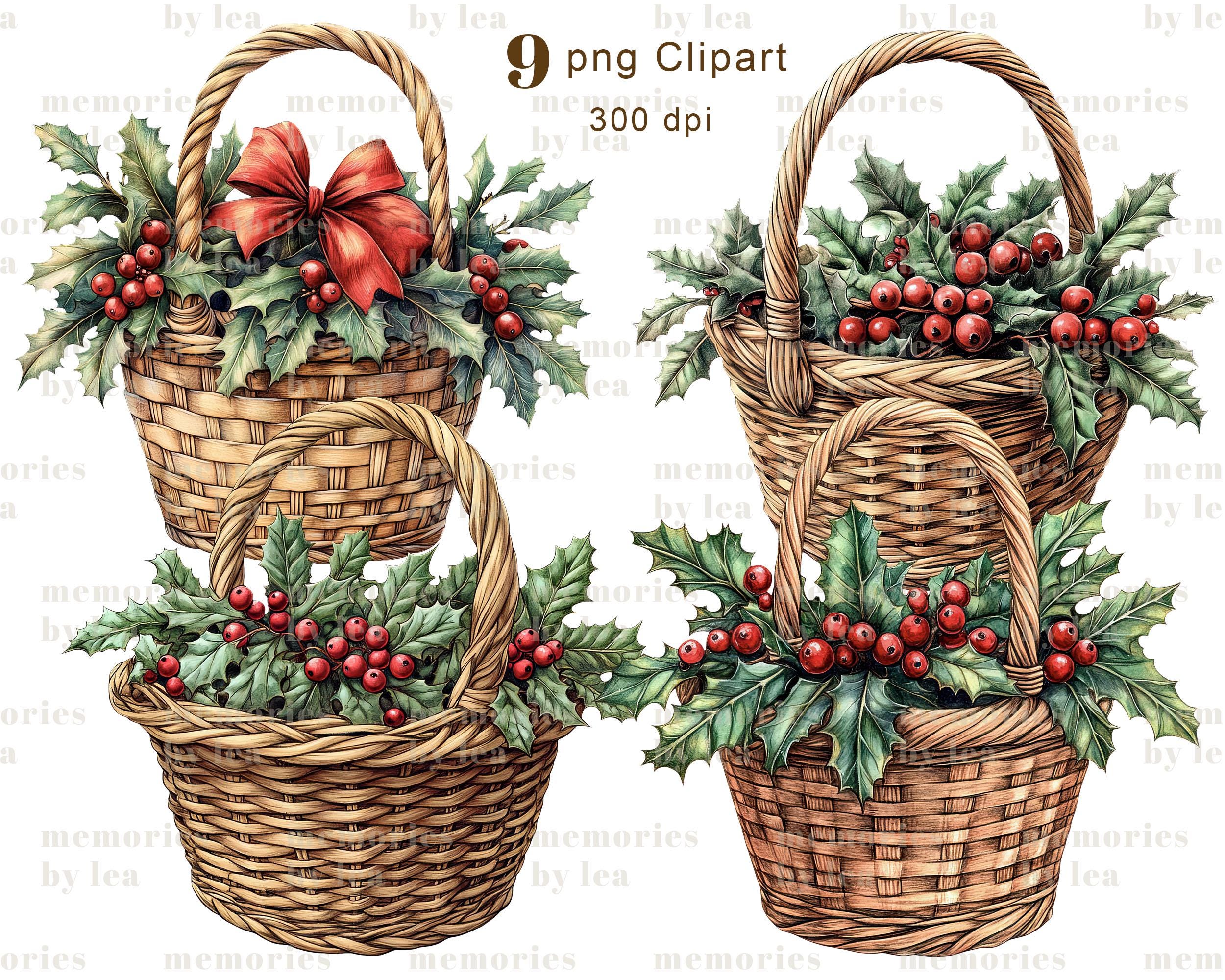 Christmas Holly Basket Clipart, Vintage Holly With Berries PNG Clipart ...